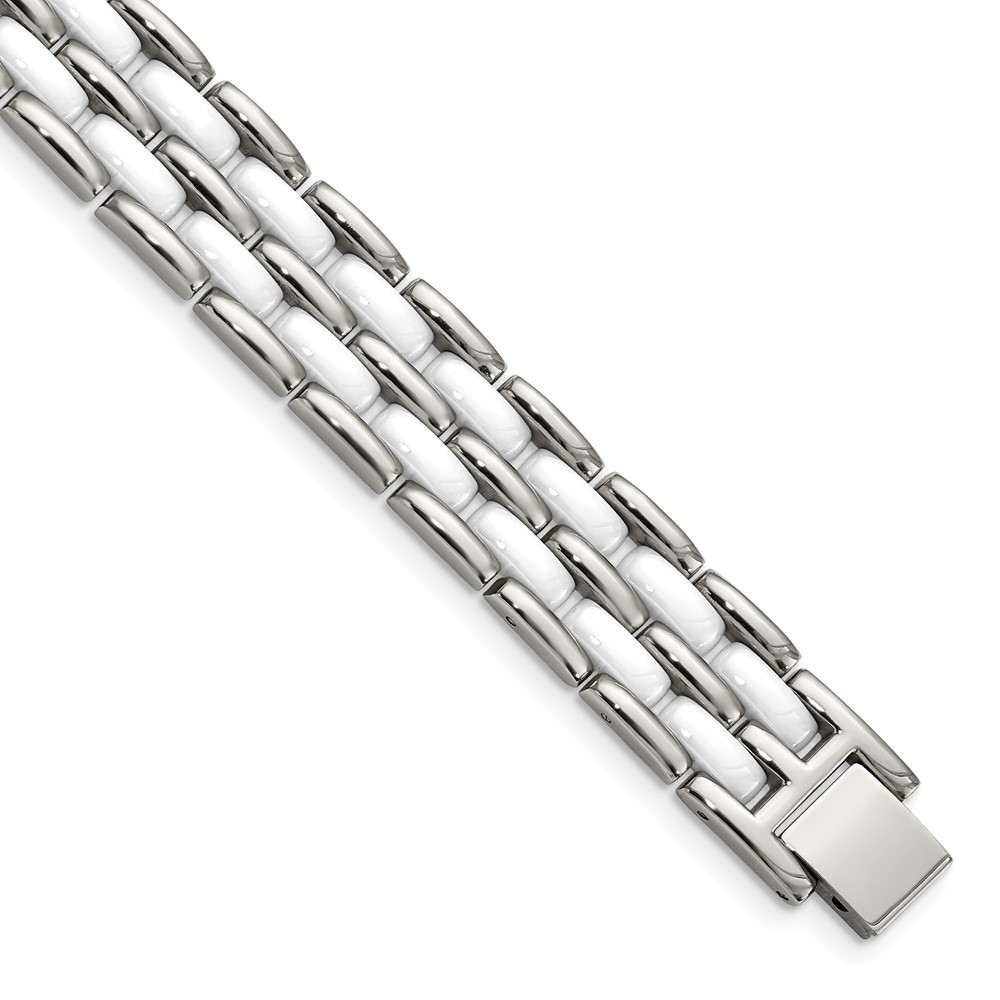 Stainless Steel Polished w/Double Row White Ceramic 8.25in Bracelet