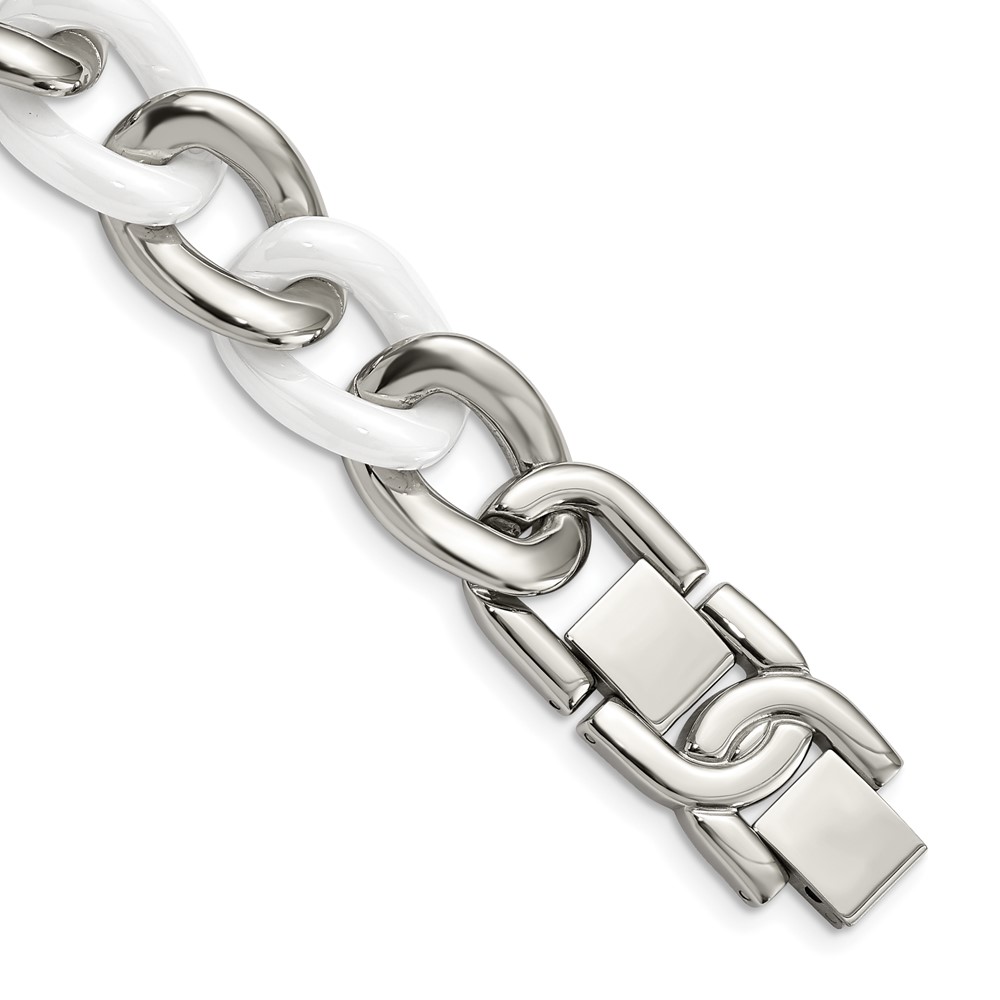 Stainless Steel Polished w/White Ceramic 7.5in w/1in ext. Bracelet