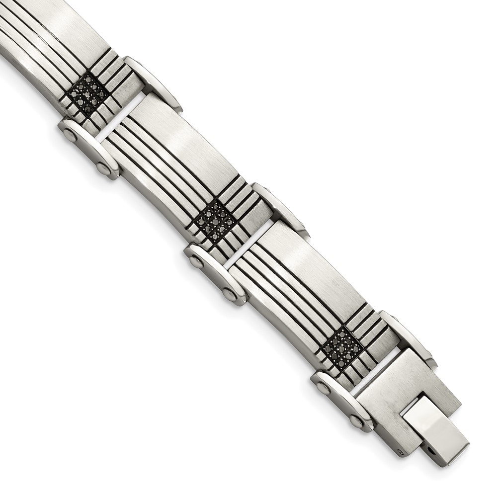 Stainless Steel Brushed and Polished Black-IP Black Diamonds 8.5in Bracelet