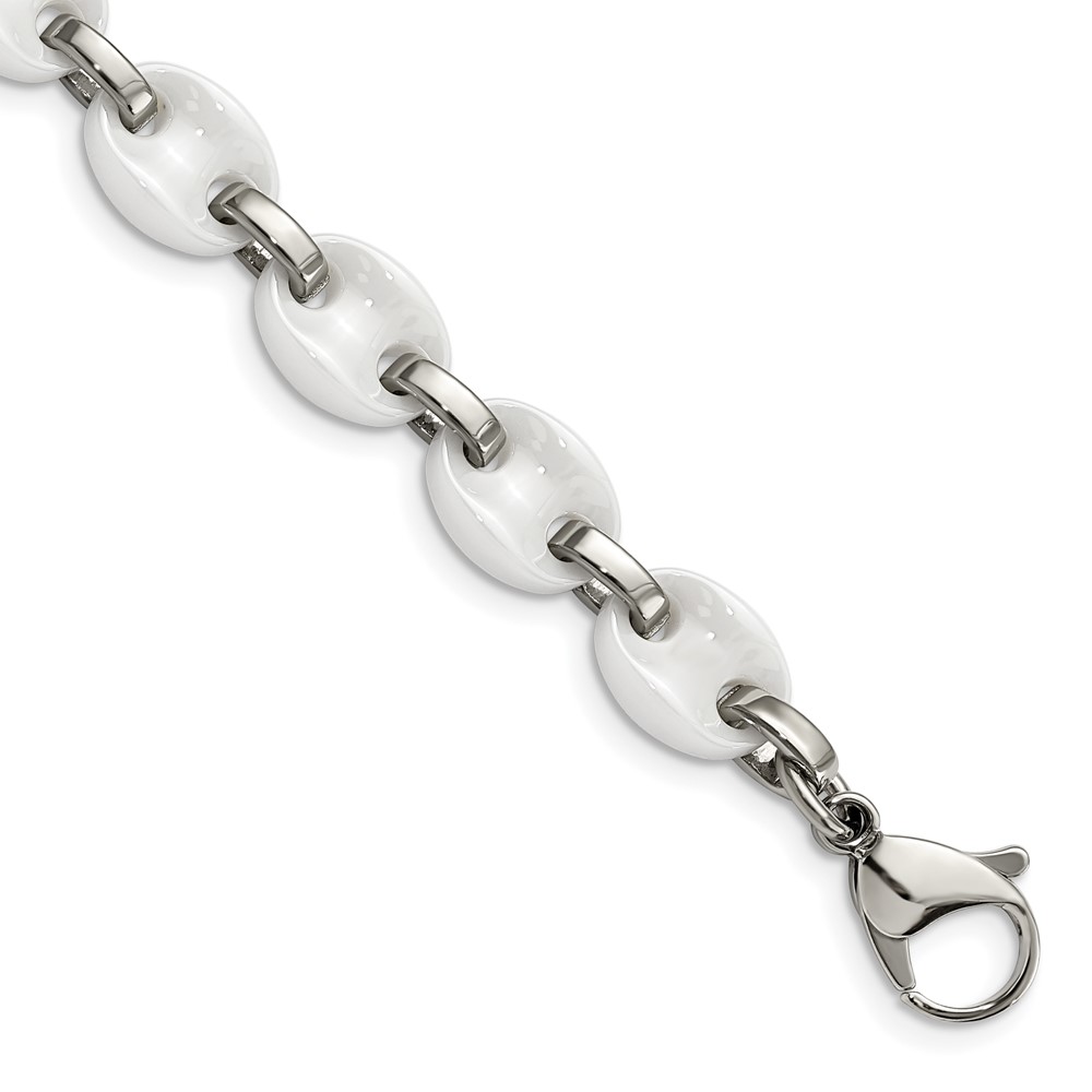 Stainless Steel Polished w/White Ceramic 7in w/1in ext. Bracelet