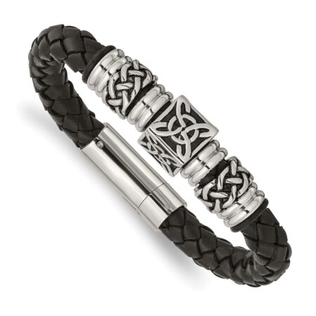 Stainless Steel Antiqued and Polished Black Leather 8.5in Bracelet