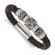 Stainless Steel Antiqued and Polished Black Leather 8.5in Bracelet