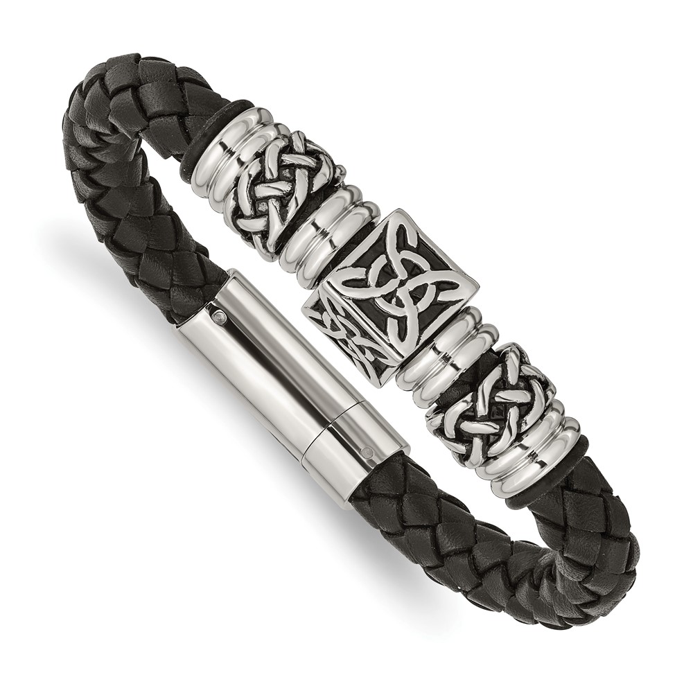 Stainless Steel Antiqued and Polished Black Leather 8.5in Bracelet
