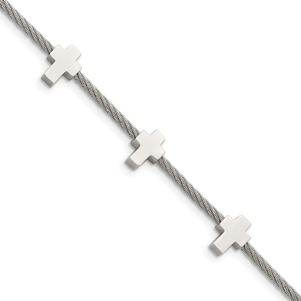 Stainless Steel Polished Crosses on Twisted Wire w/.75in ext. Bracelet