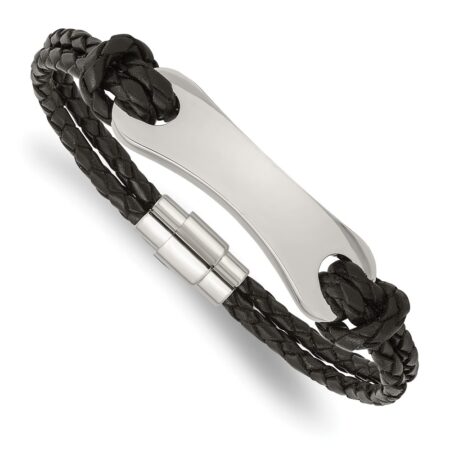 Stainless Steel Polished Black Leather 8in ID Bracelet