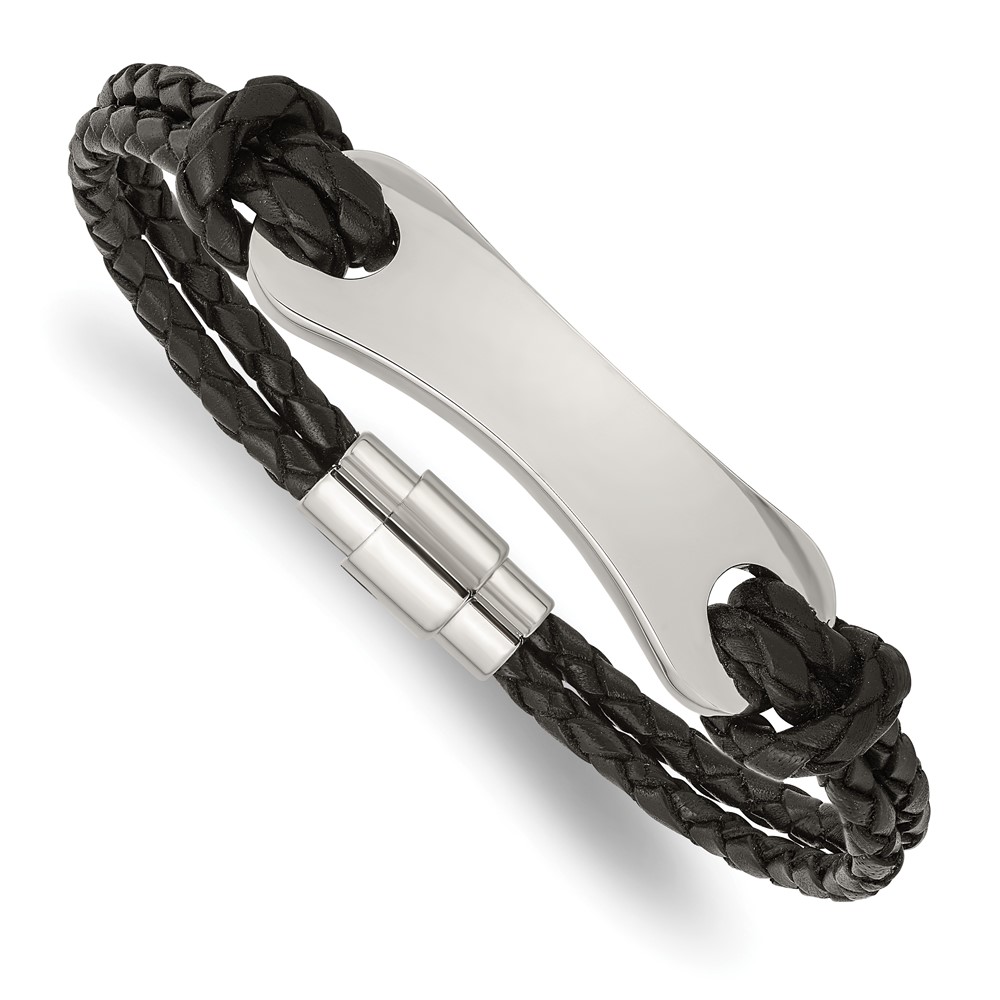 Stainless Steel Polished Black Leather 8in ID Bracelet