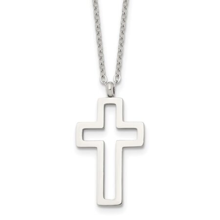 Stainless Steel Polished Cut-out Cross 17.5in Necklace