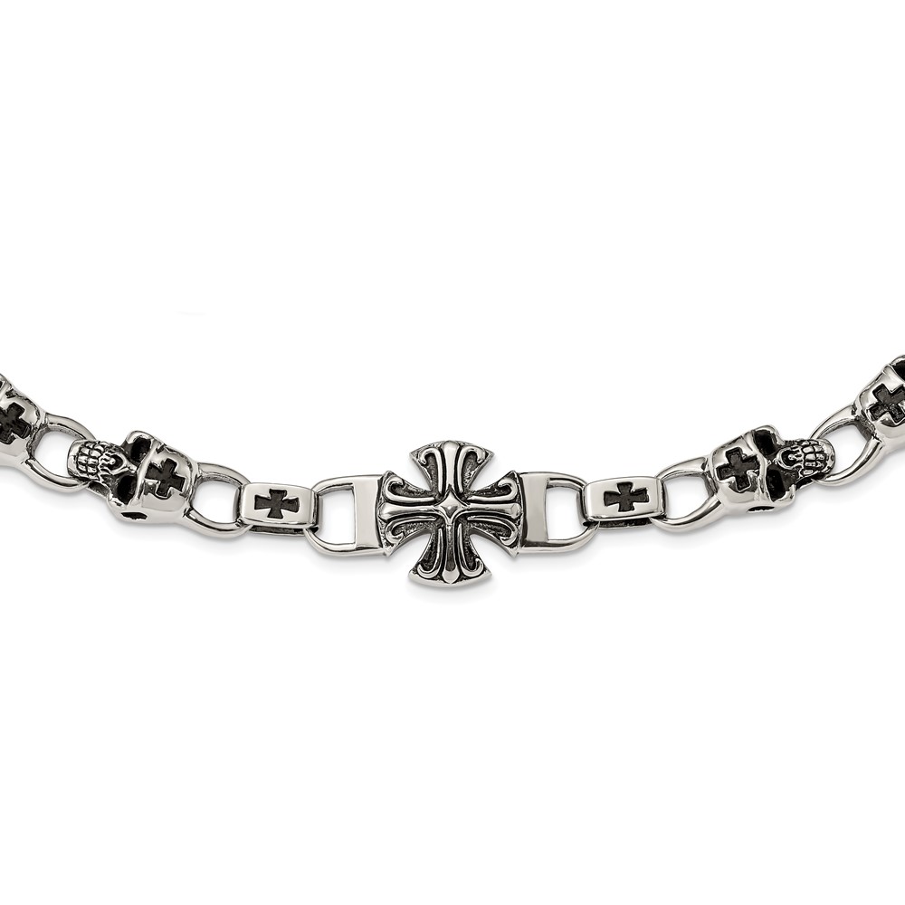 Stainless Steel Antiqued and Polished Skull and Cross 24in Necklace
