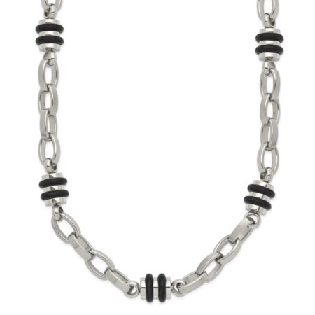 Stainless Steel Polished w/Black Rubber Barrel Link 22in Necklace