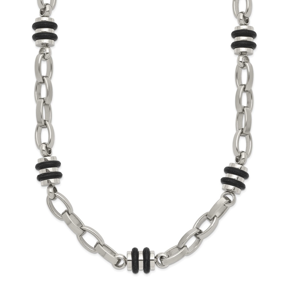 Stainless Steel Polished w/Black Rubber Barrel Link 22in Necklace