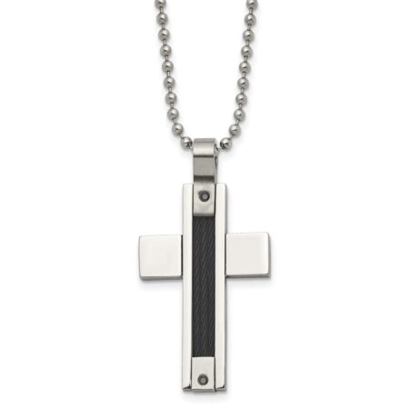 Stainless Steel Polished Black IP Cable 1/20ct Black Dia Cross Necklace