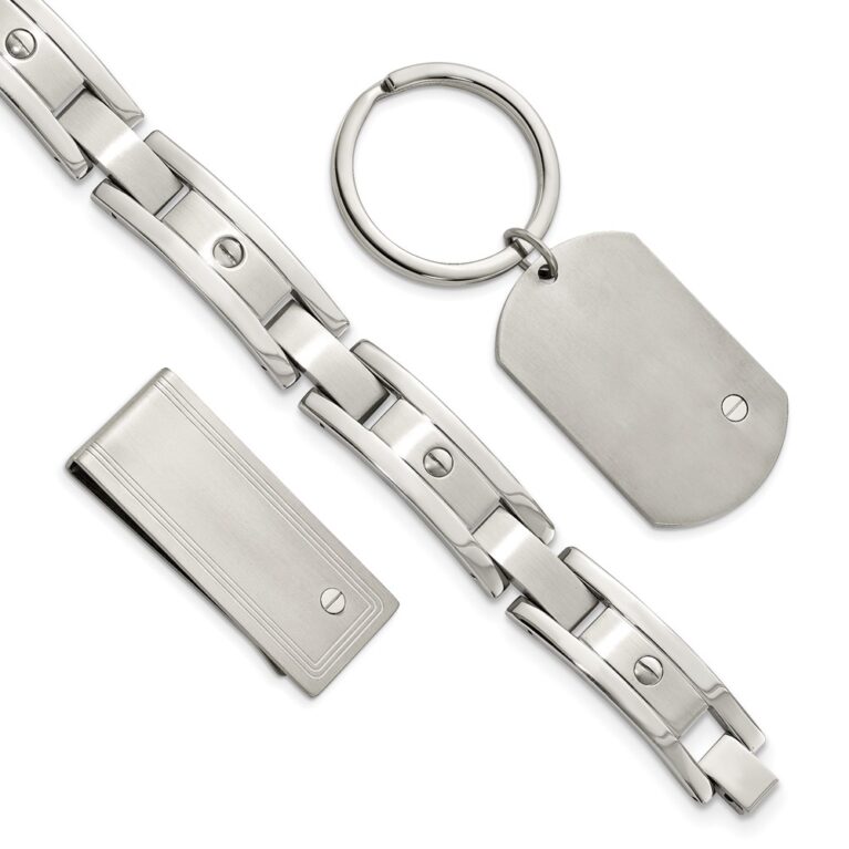 Stainless Steel Brushed and Polished Bracelet, Money Clip and Key Ring Set