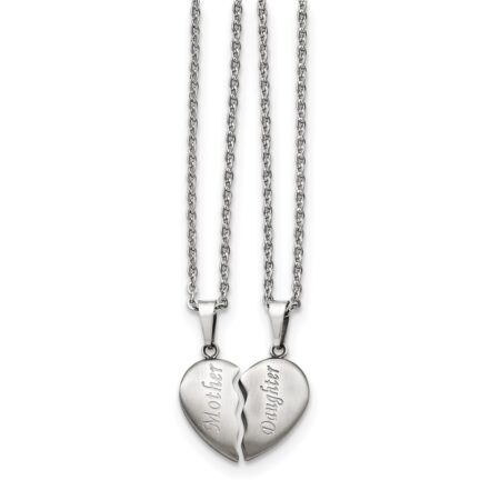 Stainless Steel Brushed 1/2 Heart "Mother"/"Daughter" Necklace Set
