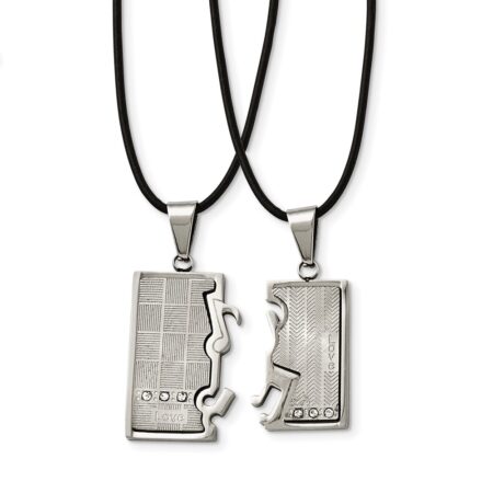 Stainless Steel Polished/Brushed CZ Love Music Halves Necklace Set