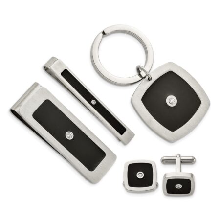 Stainless Steel Brushed & Polished Black Enamel & CZ 4-piece Boxed Set