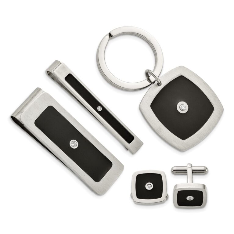 Stainless Steel Brushed & Polished Black Enamel & CZ 4-piece Boxed Set